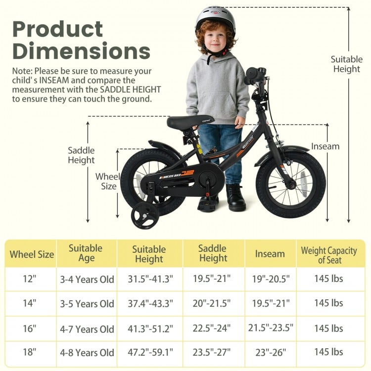Kids bike with adjustable seat and removable training wheels, suitable for ages 3-8, featuring dual brakes and sturdy.