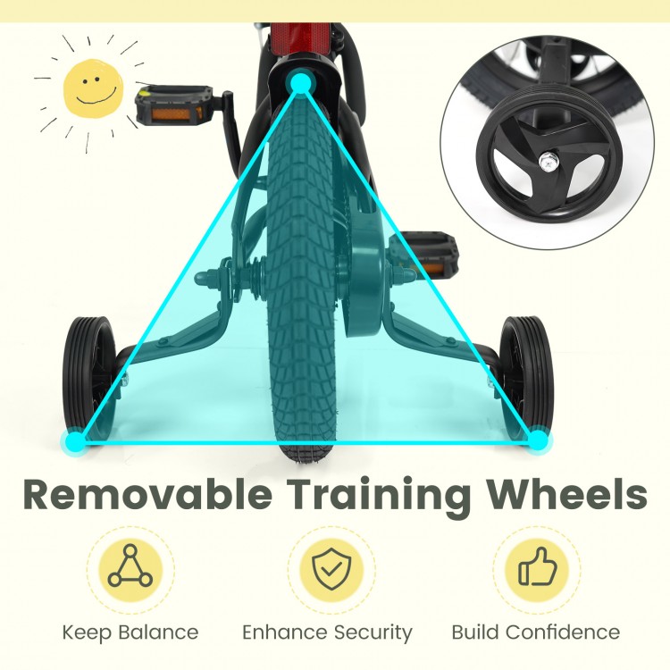 Removable training wheels on a kids bike for ages 3-8, featuring durable tires and adjustable seat for balance and.