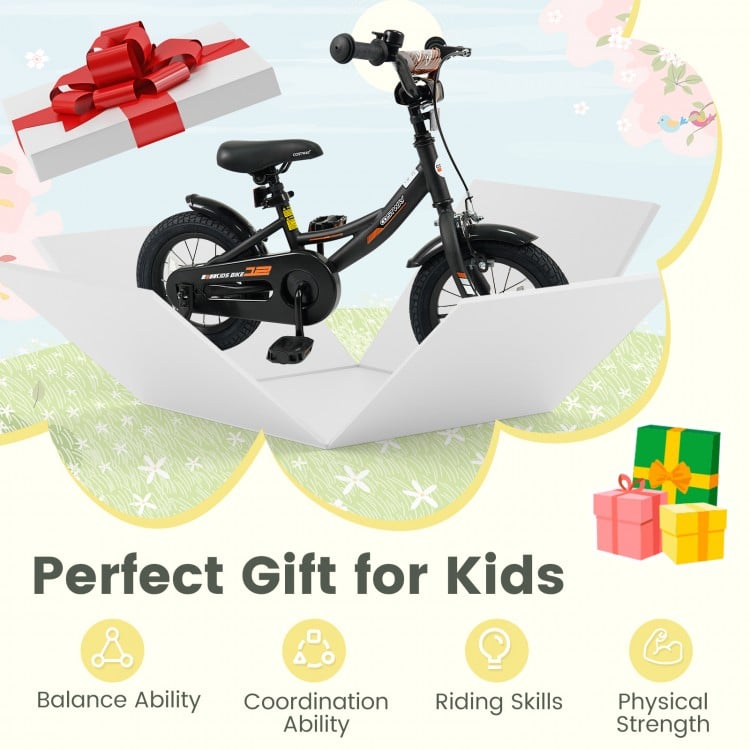 12-inch kids bike with removable training wheels, adjustable seat, and dual brakes, perfect for ages 3-8.