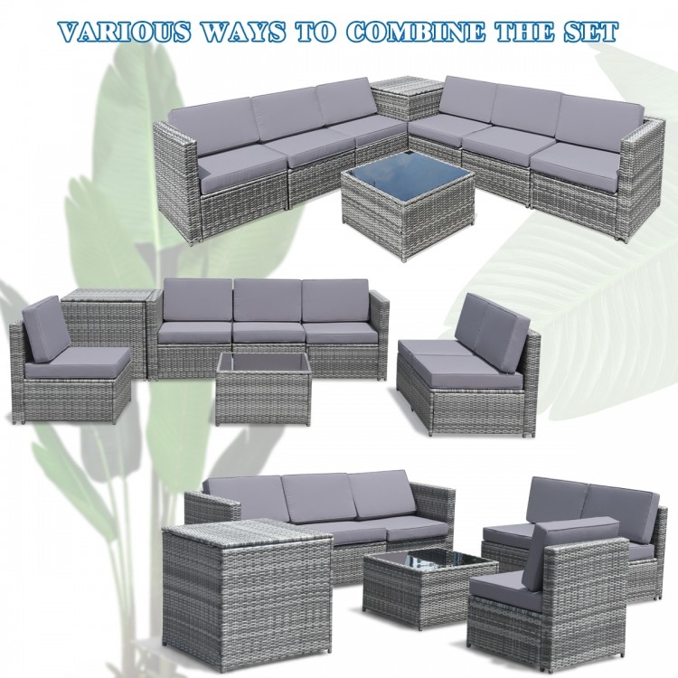 8-piece gray wicker sofa rattan dining set with storage table, showcasing various configurations for indoor and outdoor.