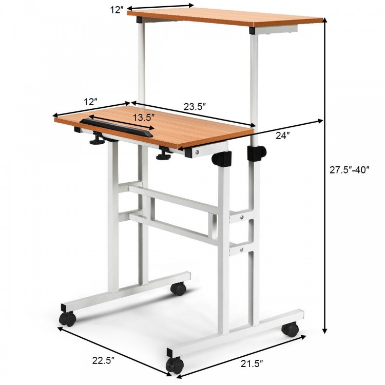 Height adjustable 2 in 1 sit-stand computer desk with spacious surfaces, tilting design, and rolling wheels for easy.