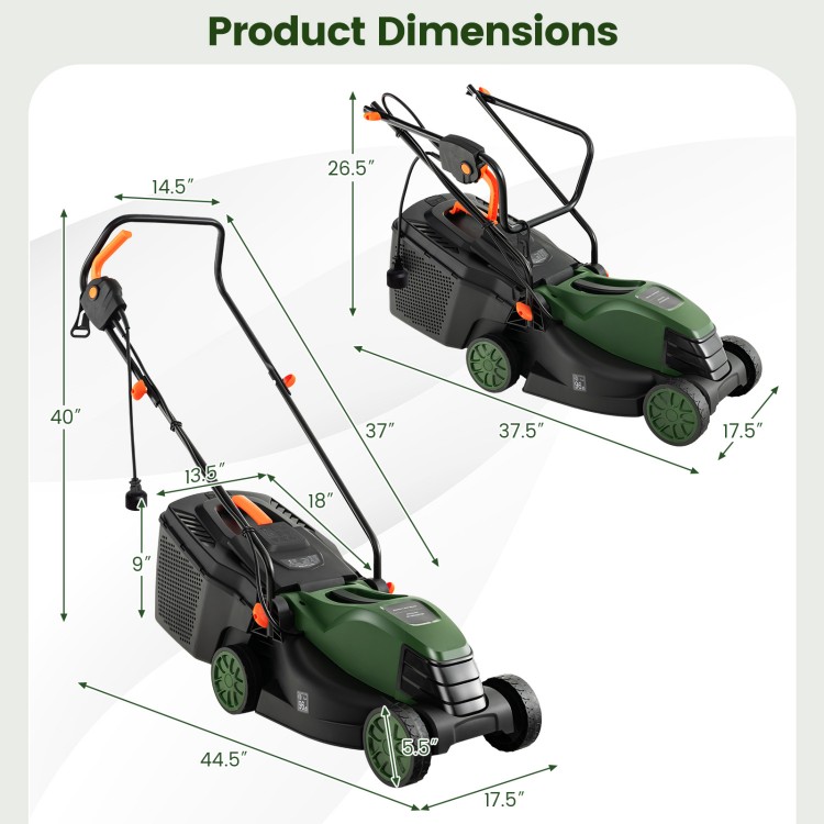 Adjustable electric lawn mower dimensions showing 13.5-inch cutting width and foldable handle for easy storage.