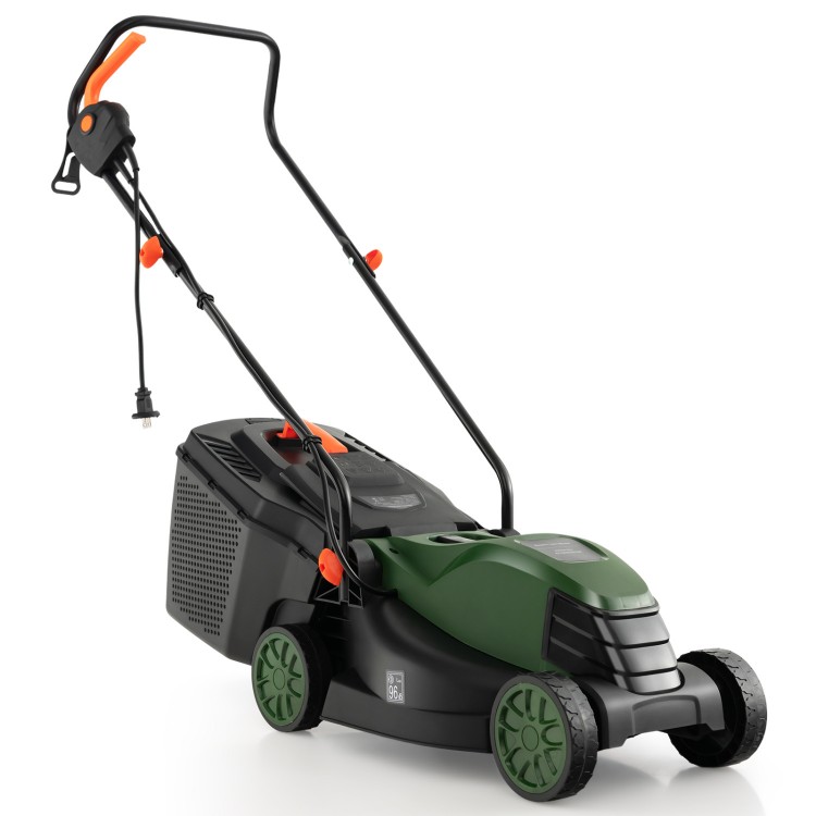 Electric corded lawn mower in green with a 13.5-inch cutting width and foldable handle for easy storage.