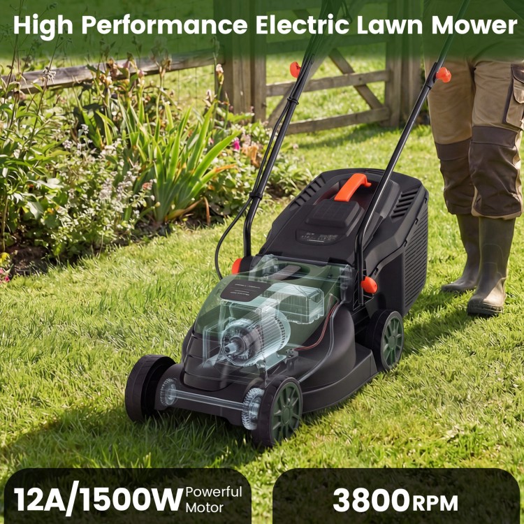 Electric lawn mower with 13.5-inch cutting width, 1500W motor, and foldable handle for easy storage and grass.