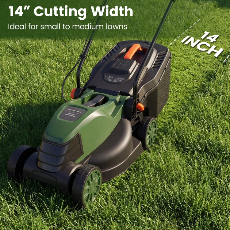 Electric corded lawn mower with a 13.5-inch cutting width and 35L collection box, ideal for small to medium lawns.