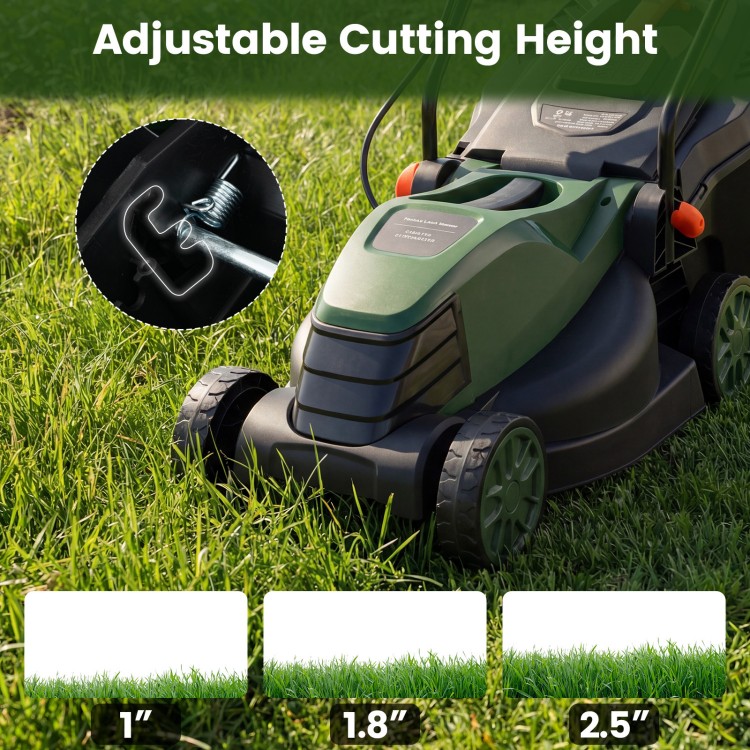 Electric corded lawn mower showing adjustable cutting height settings from 1" to 2.5" for versatile lawn care.