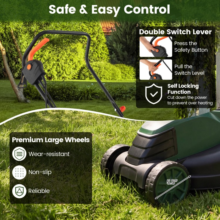 Close-up of the 12-AMP electric lawn mower's safety controls and large wheels, designed for easy maneuverability and.