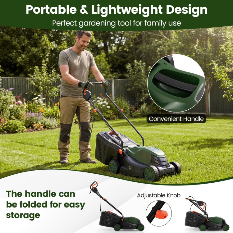 Adjustable electric corded lawn mower with a 13.5-inch cutting width and foldable handle for easy storage.