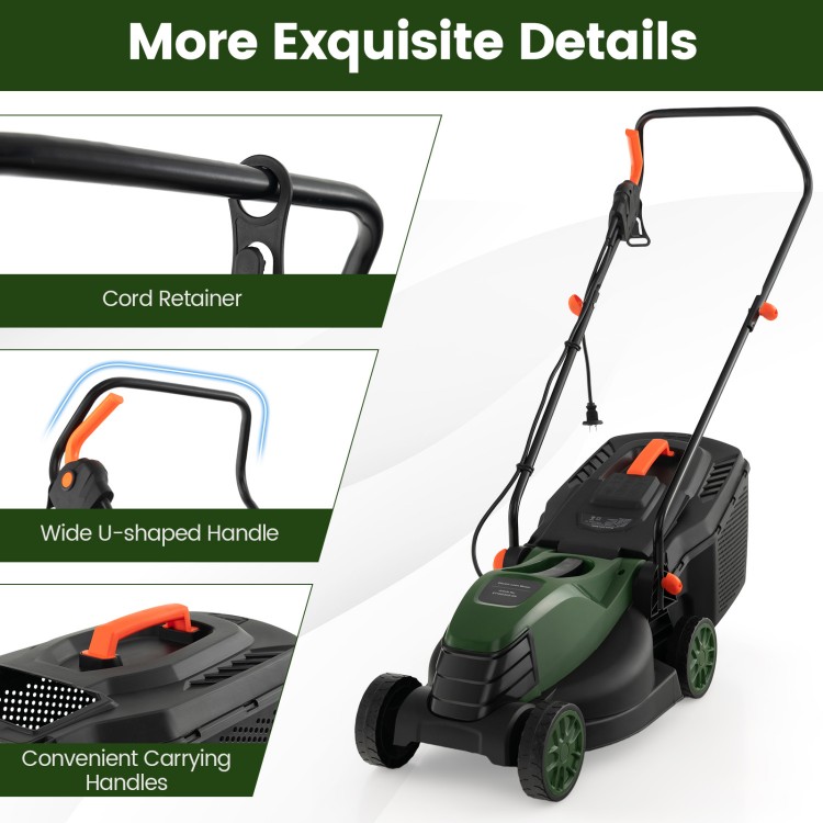 Close-up of the 12-AMP electric lawn mower's wide U-shaped handle and convenient carrying handles for easy.