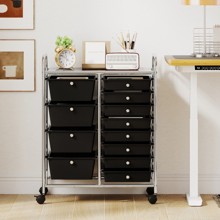 12-drawer utility rolling cart in black with removable drawers, lockable design, and smooth-rolling casters for.