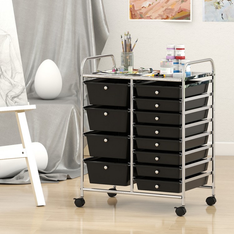 12-drawer utility rolling cart in black with removable drawers and lockable design, perfect for versatile storage.