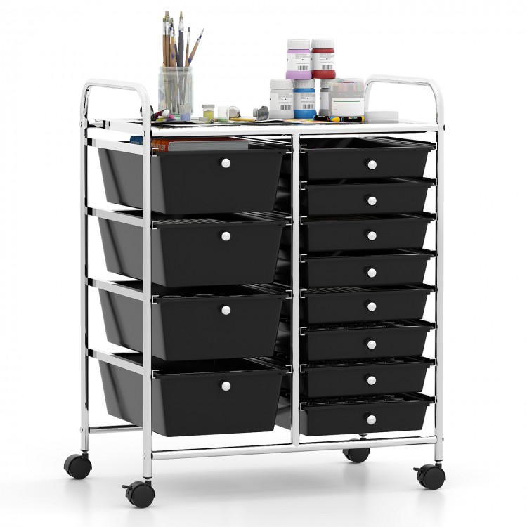12-drawer utility rolling cart in black with removable drawers and lockable design, ideal for organized storage.