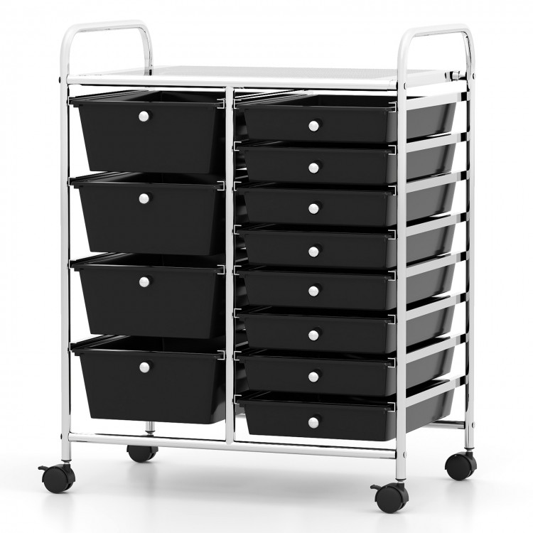 12-drawer utility rolling cart in black with removable drawers and lockable casters for versatile storage solutions.