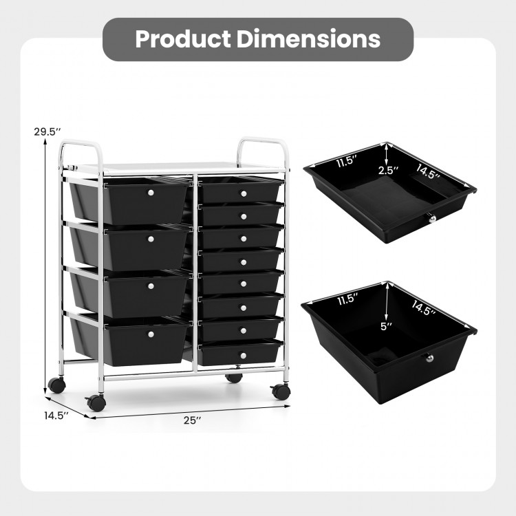 Dimensions of the 12-drawer utility rolling cart with removable black drawers and smooth wheels for easy mobility.