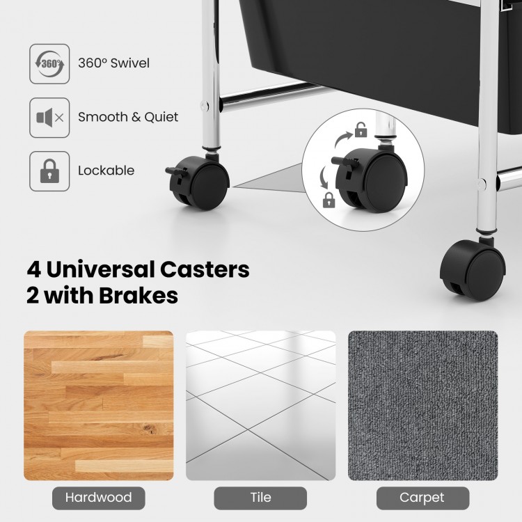12-drawer utility rolling cart with lockable 360° swivel casters, suitable for hardwood, tile, or carpet flooring.
