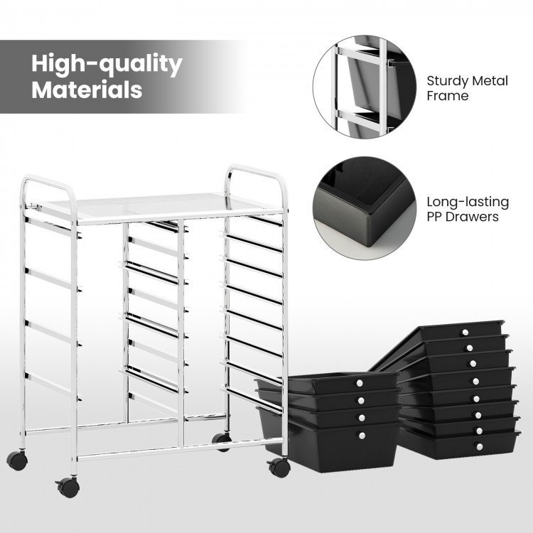 12-drawer utility rolling cart with black PP drawers and sturdy metal frame, perfect for organized storage on wheels.