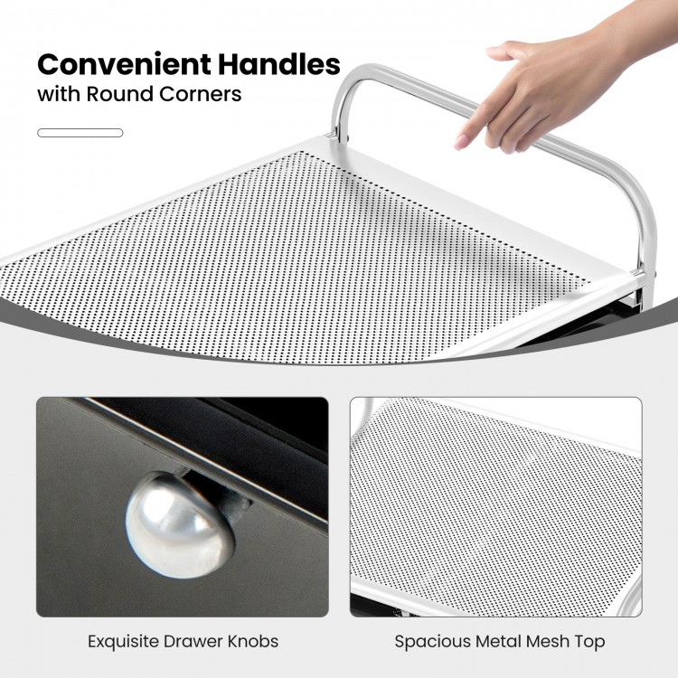 Spacious metal mesh top of the 12-drawer utility rolling cart with convenient handles for versatile storage solutions.