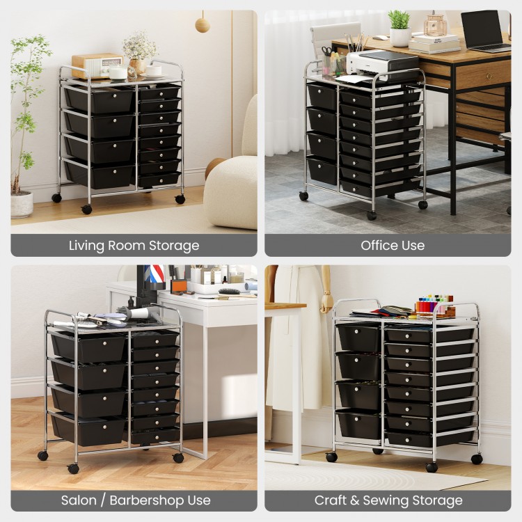 12-drawer utility rolling cart in black, featuring removable drawers and smooth-rolling casters for versatile storage.