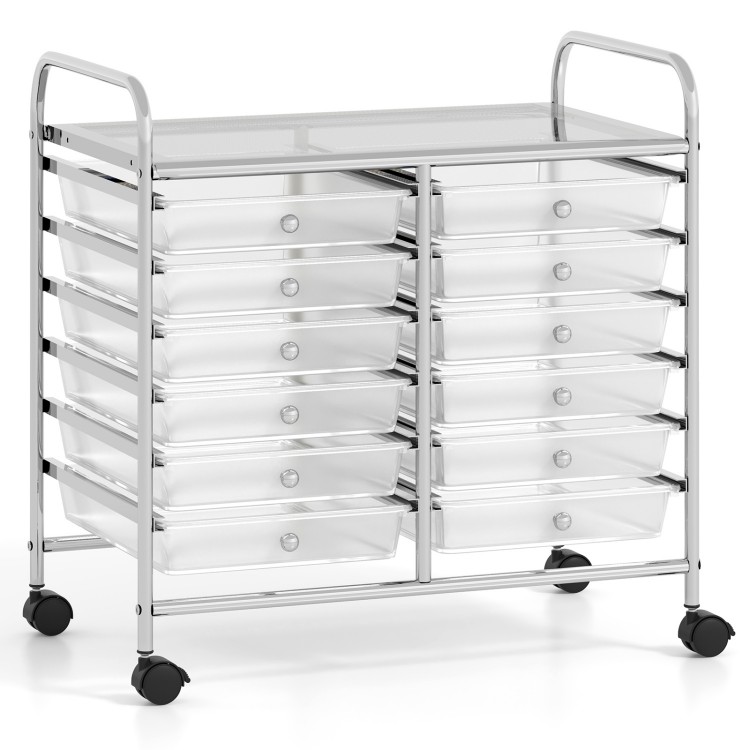 12-drawer rolling storage cart with transparent plastic drawers and metal frame, ideal for home and office organization.