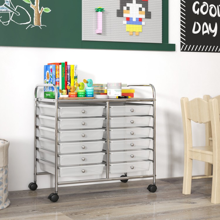 Rolling storage cart with 12 transparent drawers, metal frame, and wheels, perfect for home or office organization.