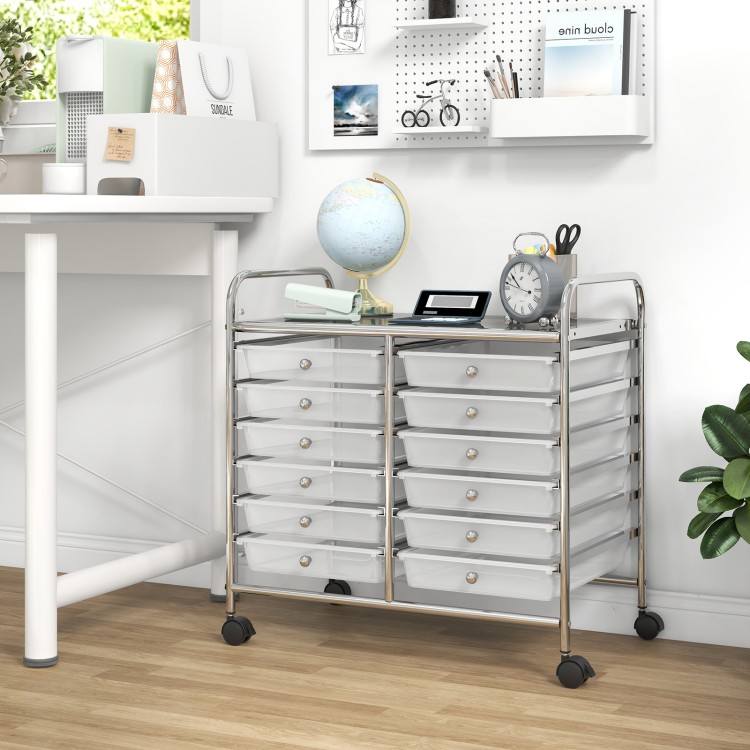 12-drawer rolling storage cart with transparent drawers, metal frame, and wheels for easy mobility in home or office.