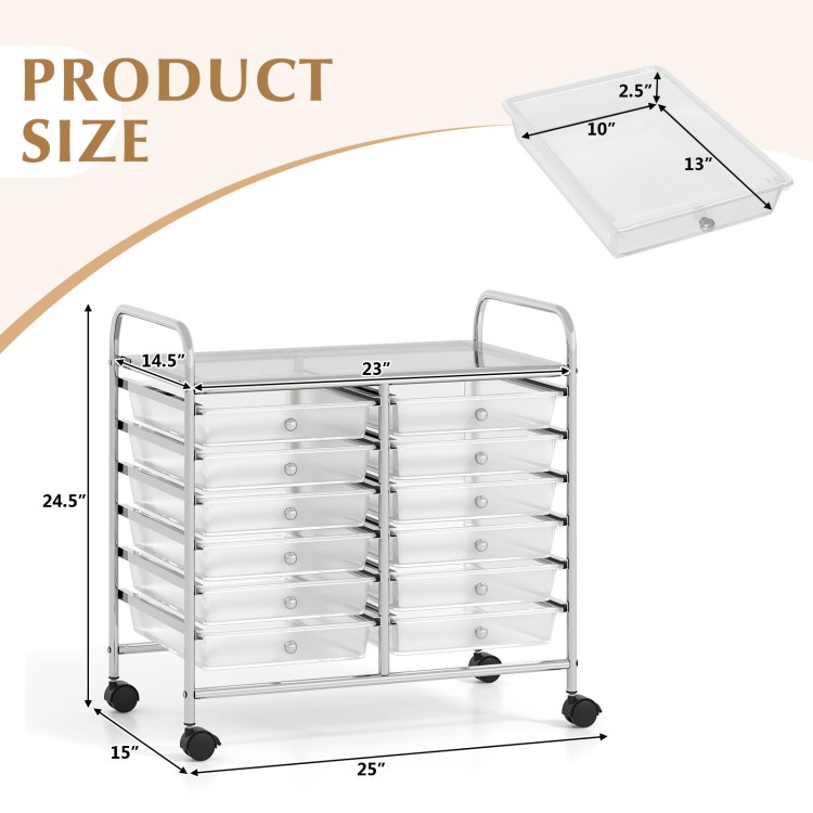 Rolling storage cart with 12 transparent drawers, metal frame, and wheels for easy movement, ideal for home and office.