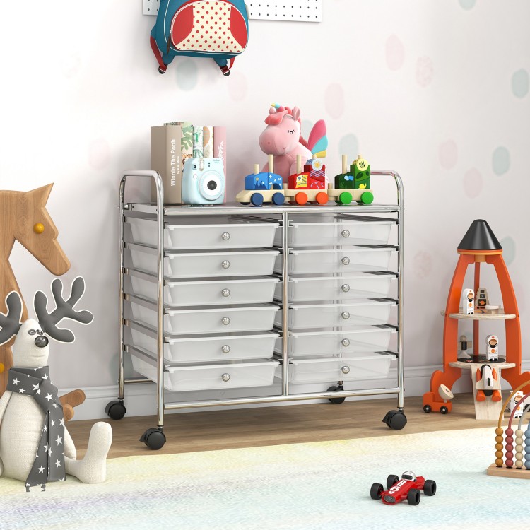 Rolling storage cart with 12 transparent drawers, metal frame, and wheels, ideal for home or office organization.