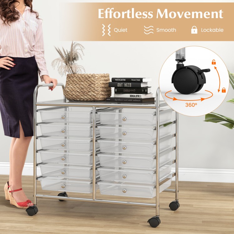12-drawer rolling storage cart with transparent drawers, metal frame, and lockable wheels for easy movement in home or.