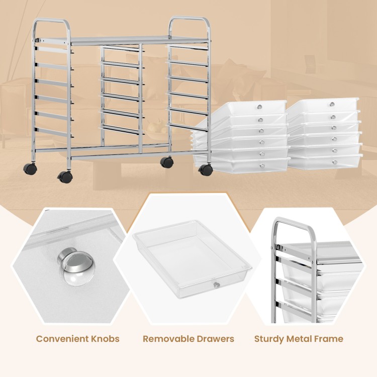12-drawer rolling storage cart with a sturdy metal frame and transparent removable drawers, ideal for home and office.