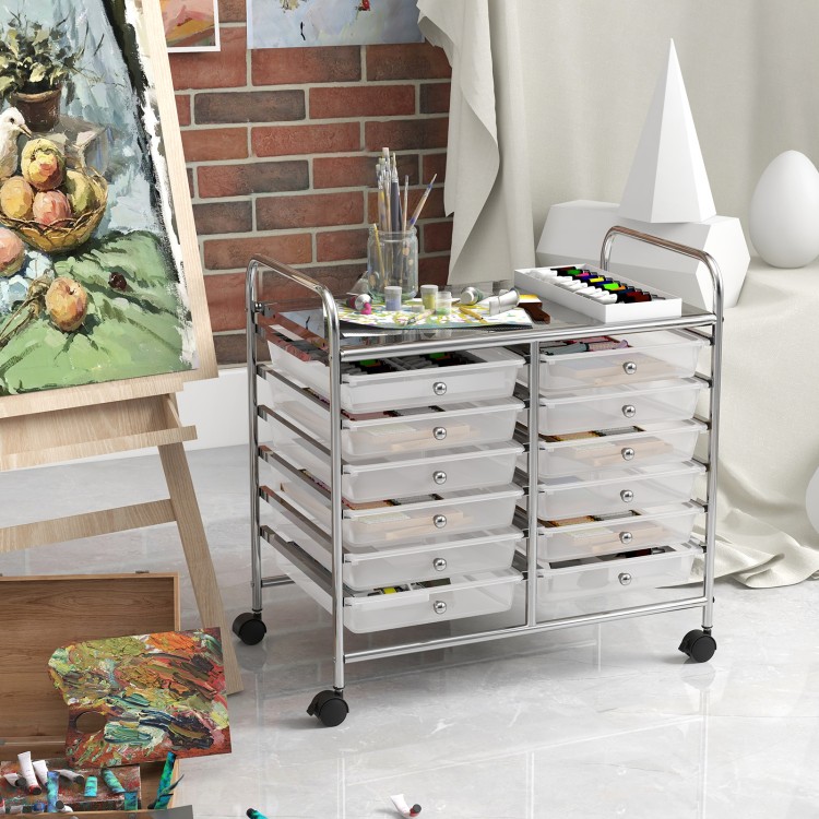 Top view of a 12-drawer rolling storage cart with a spacious surface for art supplies, featuring metal frame and.