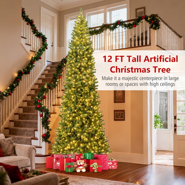 12 FT tall prelit artificial Christmas tree with 2536 branch tips, perfect for large spaces and festive ambiance.