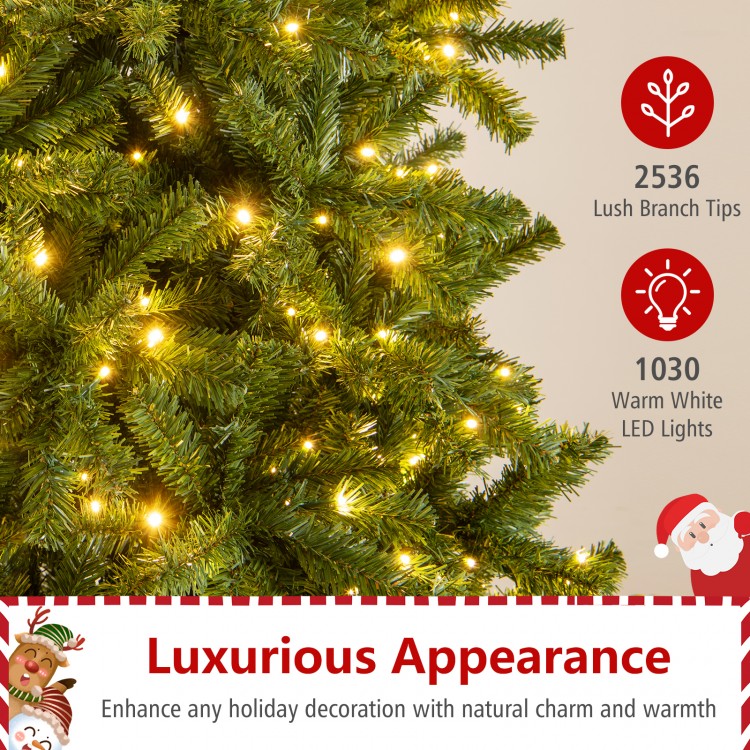 12 ft tall prelit artificial Christmas tree with 2536 PVC branch tips and 1030 warm white LED lights for festive charm.