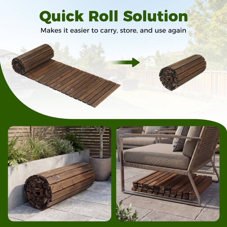 Wooden garden pathway rolled up for storage, featuring cedar wood, 22-inch width, ideal for outdoor use in patios and.