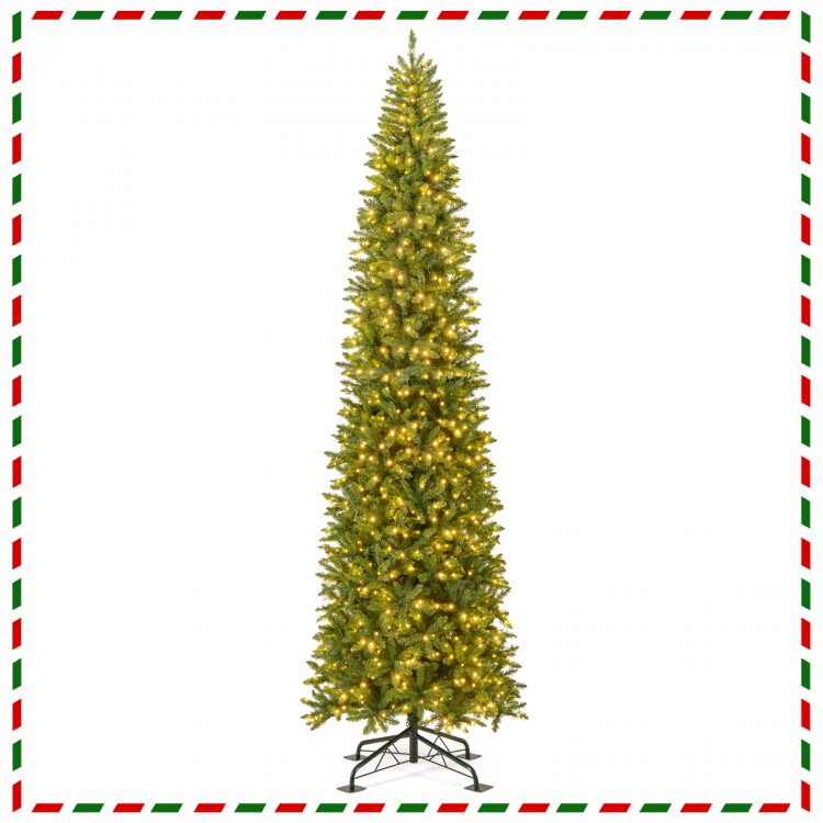 12-foot pre-lit slim pencil Christmas tree with 1000 LED lights, perfect for indoor or outdoor holiday decoration.