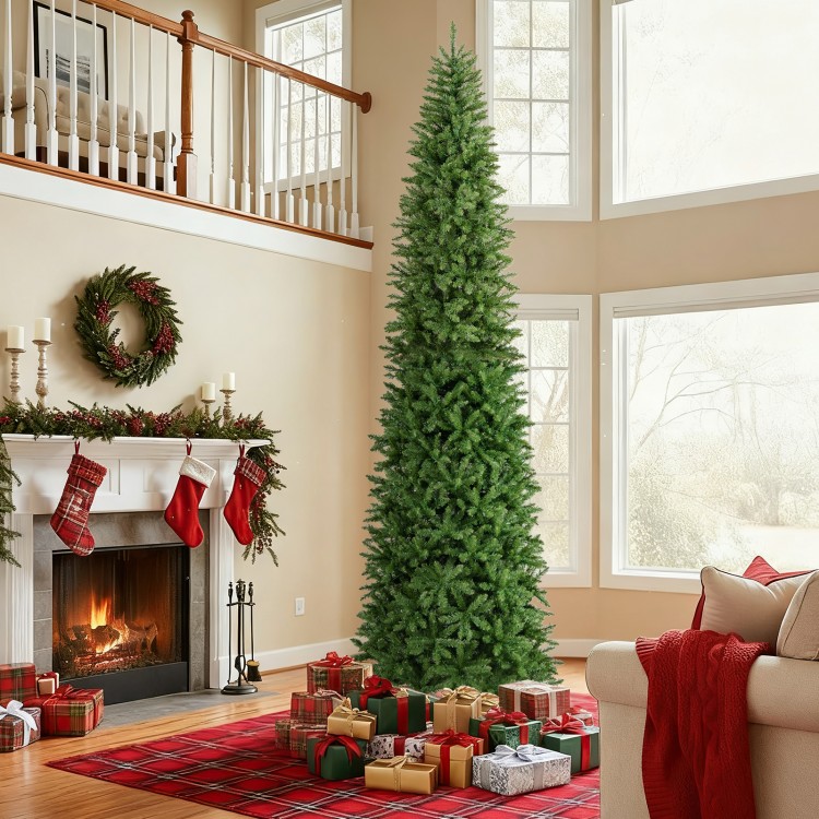 12-foot pre-lit artificial Christmas tree in a cozy living room, surrounded by festive gifts and holiday decorations.