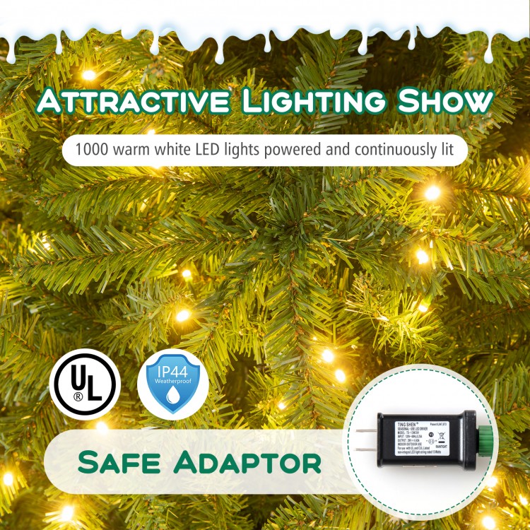 12 ft pre-lit artificial Christmas tree with 1000 warm white LED lights, ideal for indoor and outdoor holiday.