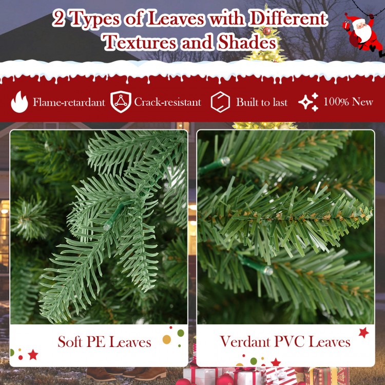 Close-up of soft PE and verdant PVC leaves on a 12 ft prelit artificial Christmas tree, showcasing realistic textures.