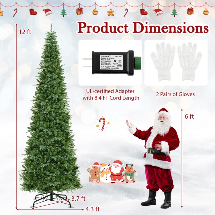 12 ft tall prelit artificial Christmas tree with 2517 branch tips, ideal for indoor or outdoor holiday decor.