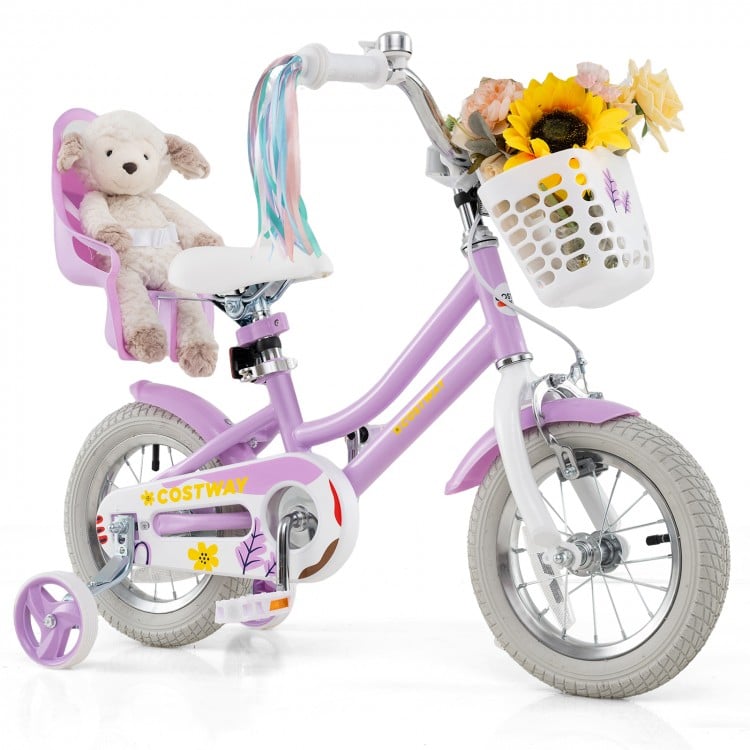 12-inch girls bike in pink with doll seat, streamers, and training wheels, perfect for children aged 3-4 years.