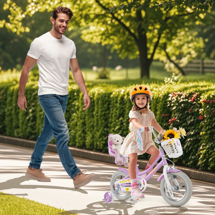 12-inch girls bike with doll seat, streamers, and training wheels, perfect for children aged 3-4 years old.