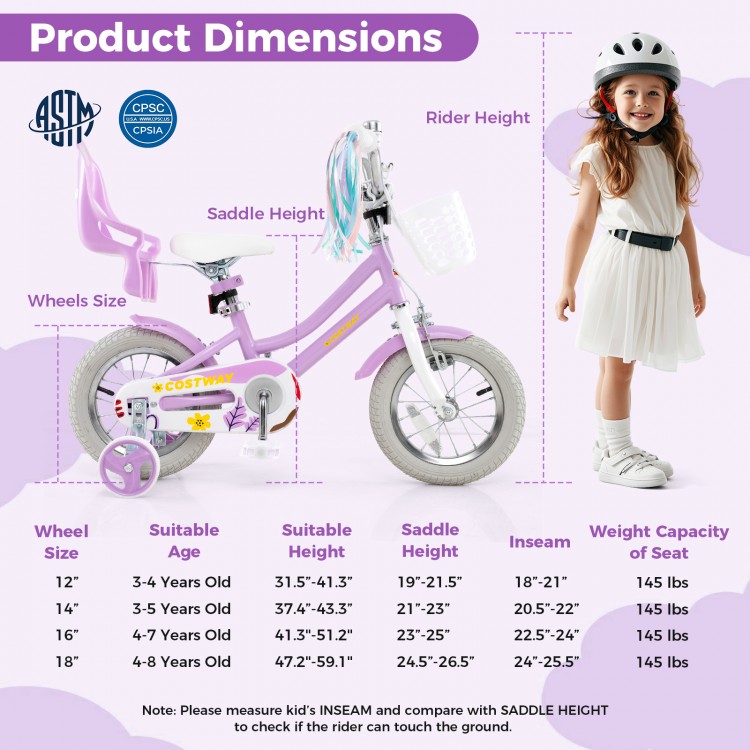 12-inch girls bike with doll seat, streamers, adjustable seat, and training wheels for kids aged 3-4 years old.