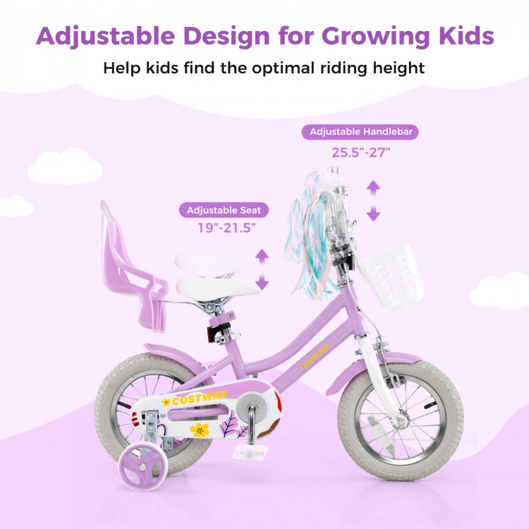 12-inch girls bike in purple with adjustable seat, dual brakes, and doll seat, perfect for children aged 3-4 years.