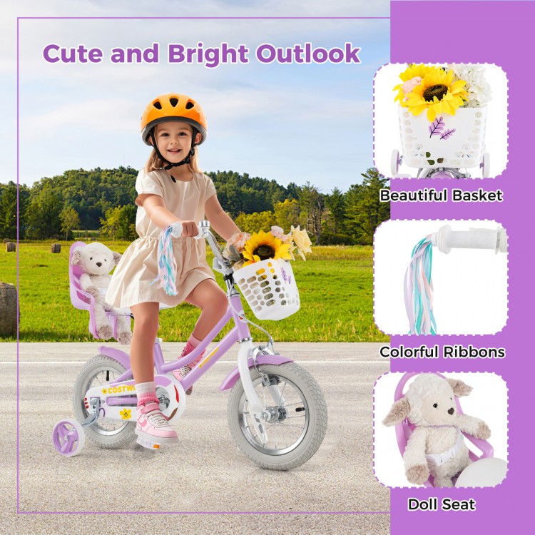 Colorful ribbons and a cute doll seat on a 12-inch girls bike, designed for children aged 3-4 years old.
