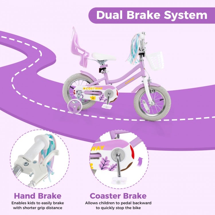 12-inch girls bike with doll seat, streamers, dual brake system, and removable training wheels for kids aged 3-4.