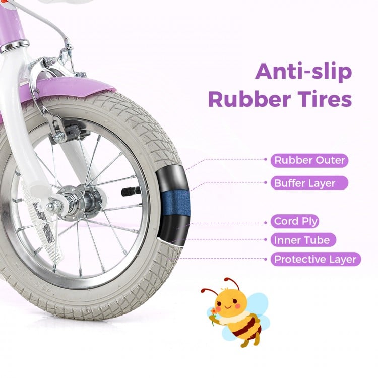 Close-up of the 12-inch girls bike's anti-slip rubber tire showcasing its five-layer construction for enhanced safety.