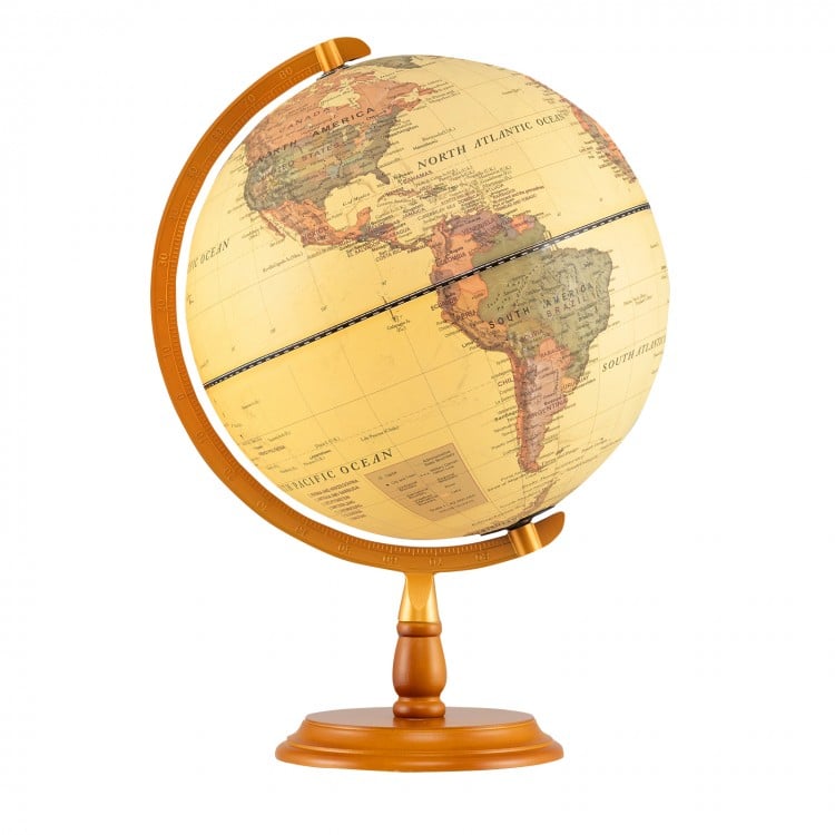 Antique 12-inch illuminated world globe with a bronze base, featuring clear geographic details and a tactile embossed.