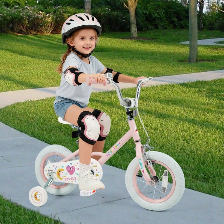 12-inch pink kids bike with adjustable seat, training wheels, and safety features for children aged 3-8 years.