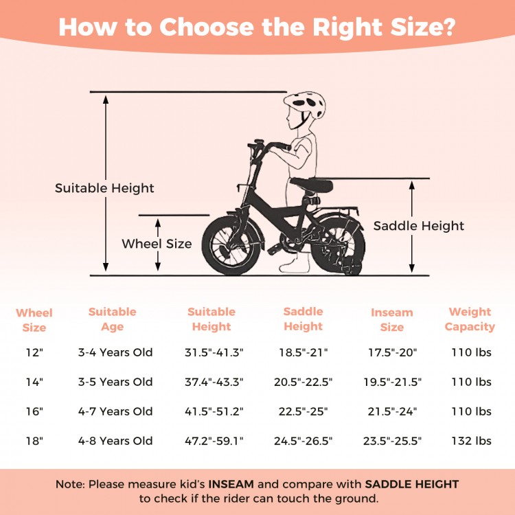 12-inch pink kids bike with adjustable seat and handlebar, designed for children aged 3-8 years for safe riding.