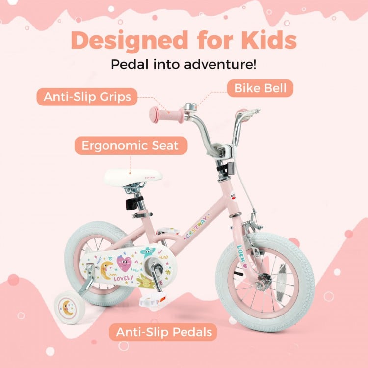 12-inch pink kids bike with adjustable seat, anti-slip grips, and removable training wheels for safe riding adventures.