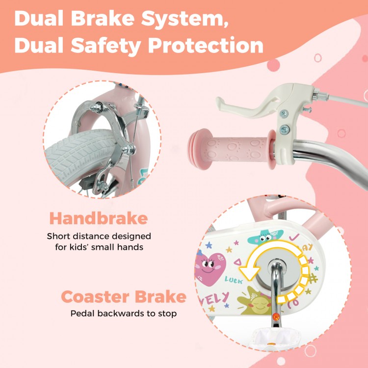 Close-up of the dual brake system on a pink 12-inch kids bike, featuring a handbrake and coaster brake for safety.